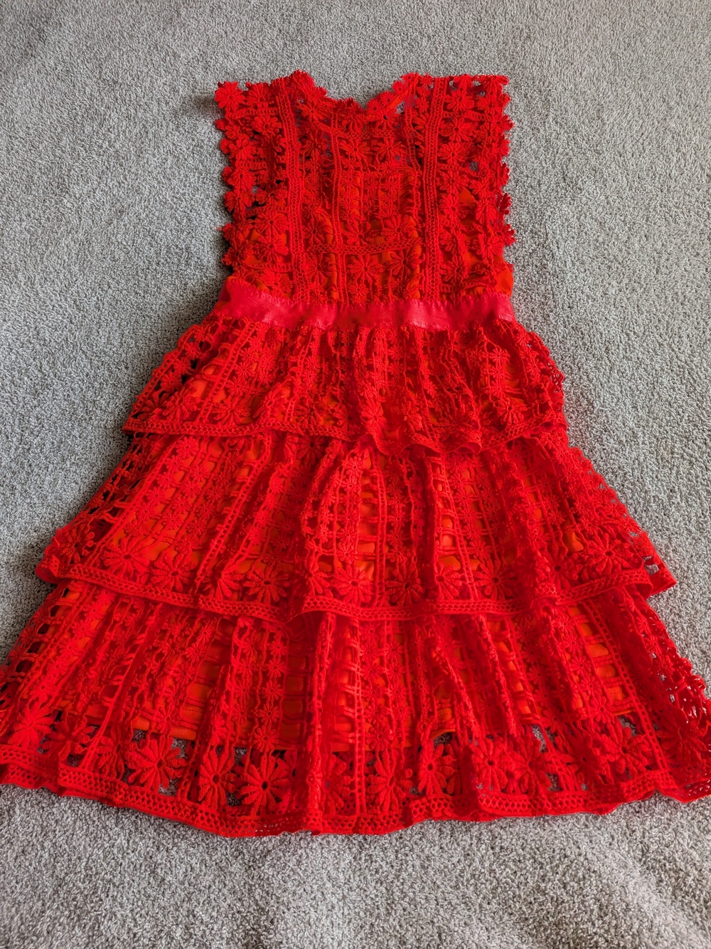 🌼B2G1🌼 Paccio Red Orange Crochet Daisy Tiered Midi Dress NWOT